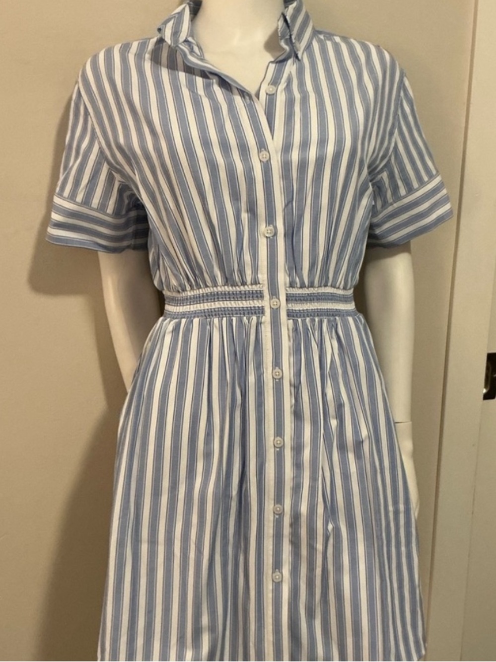NWT sundays Romi Blue and White Striped Button-Front Mini Dress Small Retail$215